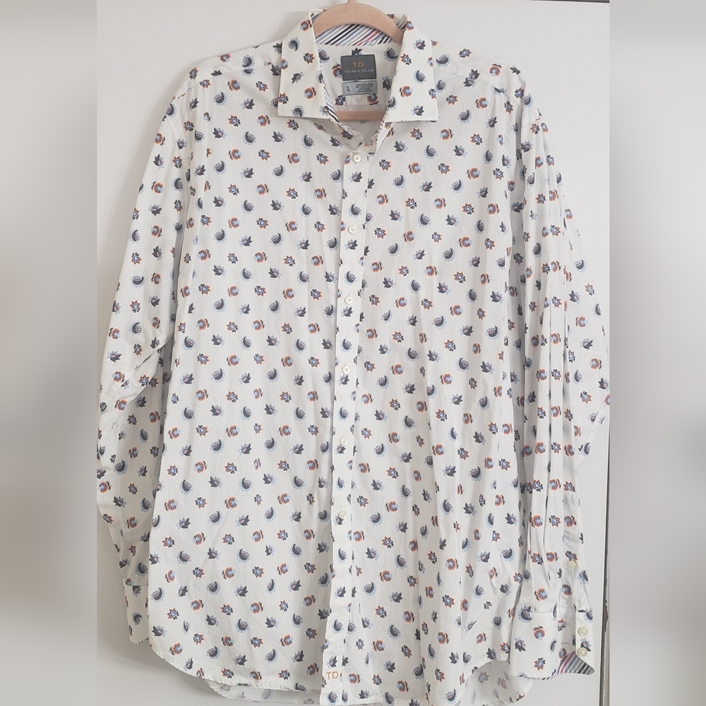 Thomas Dean Men's White Shirt with Colorful Floral Design XL Office Suit Casual
